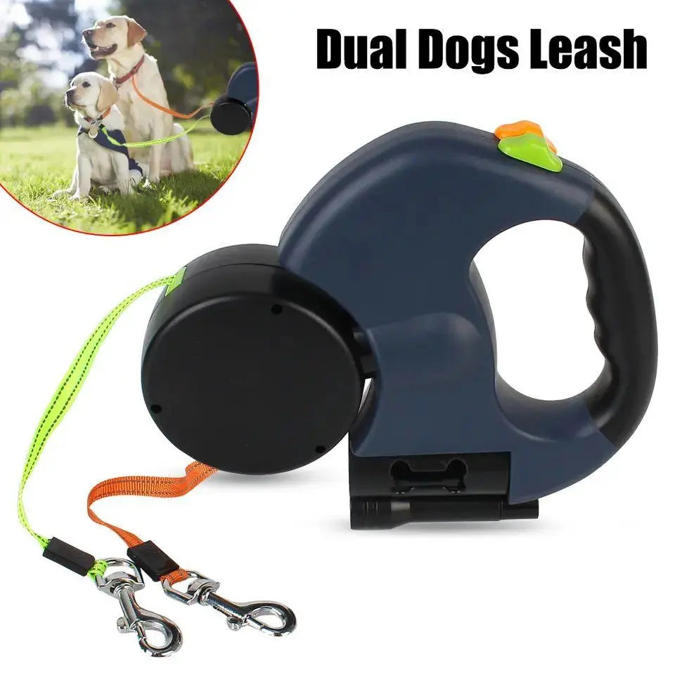 2 in 1 Multi-functional Dog Leash Double-ended Automatic Retractable Dog Leash 360° Swivel No Tangle Walking Leash with Lights PetsFani