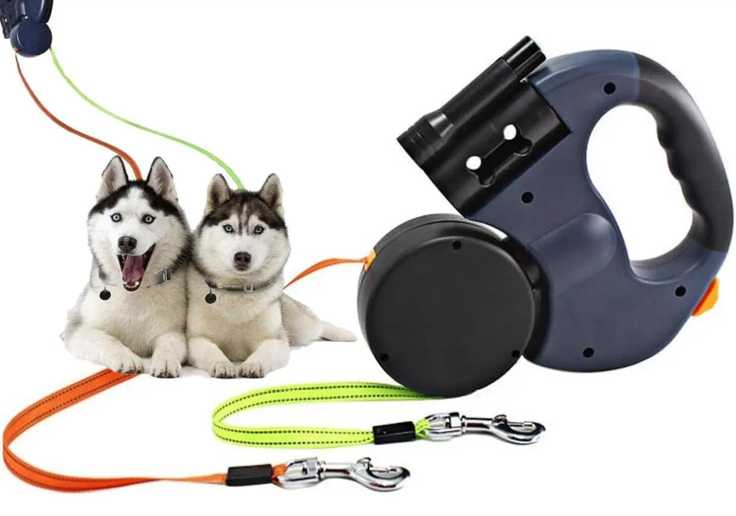 2 in 1 Multi-functional Dog Leash Double-ended Automatic Retractable Dog Leash 360° Swivel No Tangle Walking Leash with Lights PetsFani